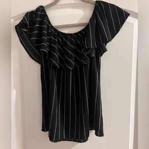 INTERI Black and White Striped Off the Shoulder Top with Ruffle Neck